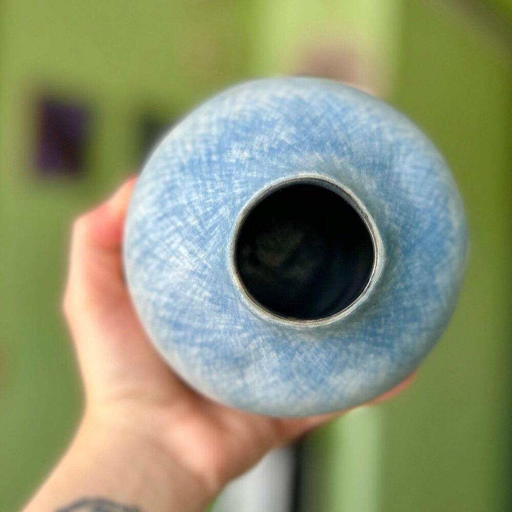 Bohemian Eclectic Unique Blue + Cream Pottery Indoor Vase Accent Decor Piece - Picture 8 of 10